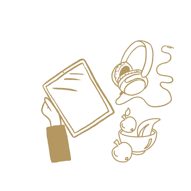 grafika z tabletem, słuchawkami i miską z owocami